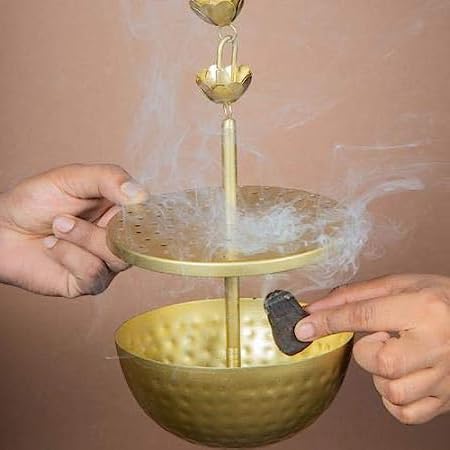 Image of Flower Hanging insence Burner | Dhuna Loban Burner Dhooni Dhoop Dhuni |Hanging Dhoop Batti Agardan Hanging Decor (Pack of 1) (Gold /Bracket)