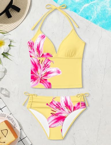 Image of Girls Swimsuit 2 Piece Bathing Suit Criss Cross Ruched Girl Tankini Sets Printed Girls' Swimwear for 9-18 Years
