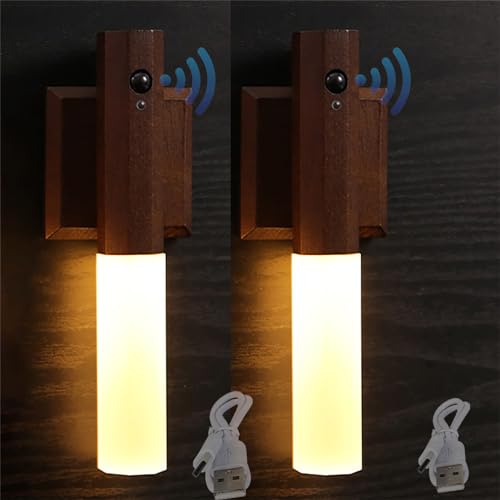 Lámpara de pared de madera maciza de inducción de cuerpo humano, luz nocturna magnética, recargable por USB, funciona con pilas, lámpara de pared inalámbrica para sala de estar, escalera y pasillo