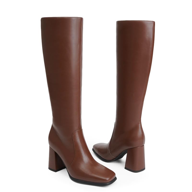 Image of QIY Knee High Boots Women Chunky Heel Square Toe Tall Boots Women Heeled Size Zipper Long Boots