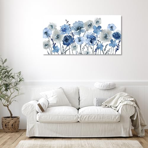 Image of VEAEE Flowers Canvas Wall Art - Indigo Floral Canvas Pictures Living Room Wall Decor Botanical Canvas Prints Painting Abstract Artwork Bedroom Office Home Decor 20 inchx 40 inch