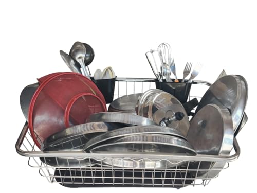 Image of Steel Drainer Tray Basket (64x47x23) Stainless Steel Dish Drainer Rack with Drip Tray /Utensil Drying Stand for Kitchen