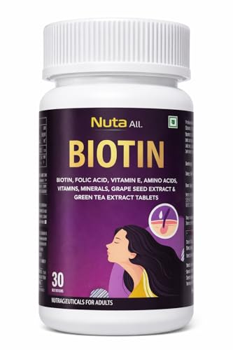 Image of Biotin Hair Growth Tablets | Biotin with Folic Acid, Vitamin E, Amino Acids & Antioxidants | Supports Hair Strength, Skin Glow & Nail Health | 30 Veg Tablets