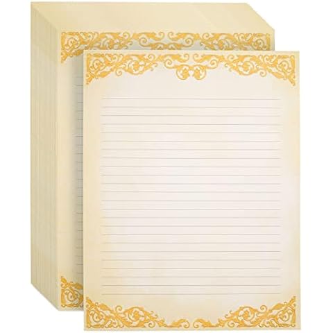 Pipilo Press 48-Pack Vintage-Style Lined Stationary Paper for Writing Letters, Antique, Old Fashioned Paper, Aged Fancy Lined Paper, Ivory with Gold Border (Letter Size, 8.5 x 11 In) Cover