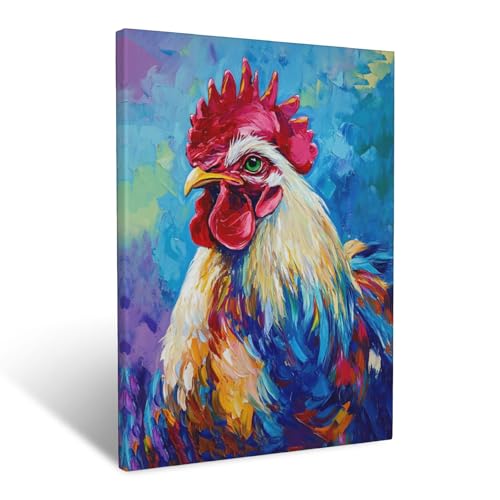 Lienzo decorativo para pared, diseño de gallo con dibujos de pollos coloridos enmarcados para cocina, baño, dormitorio, sala de estar, gallos modernos, decoración de pared, 12 x 16 pulgadas