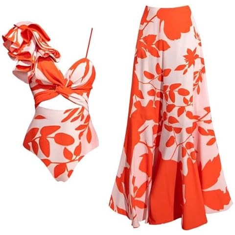 CPUTAN Women's One Piece Swimsuit with Beach Cover up Wrap Skirt Sarong Retro Floral Print Two Piece Bathing Suit Cover