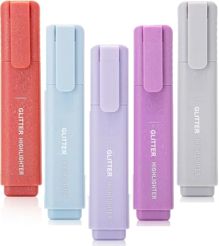 Image of Amitasha 5 Pc Glitter Highlighters Pastel Color Pen Set Chisel Tip Aesthetic Highlighters Quick-Dry, Smear-Resistant For Journal Planner Coloring Drawing Doodling - Assorted Color