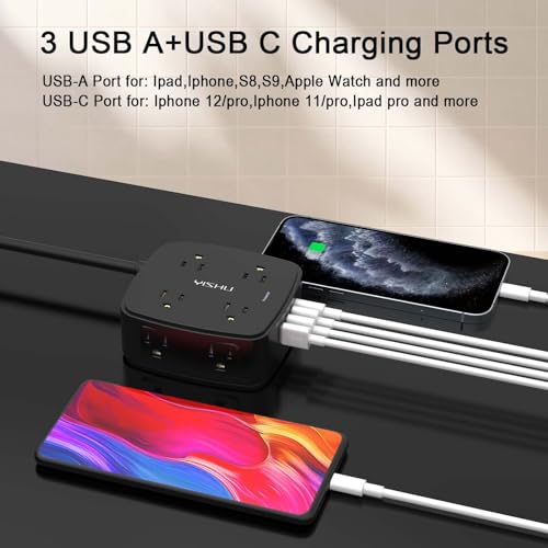 Image of YISHU 10 Ft Surge Protector Power Strip 3 Side Outlet Extender with 8 Widely AC Outlets and 4 USB Ports, 10 Feet Extension Cord with Flat Plug, Wall Mount, Desk USB Charging Station, ETL, Black