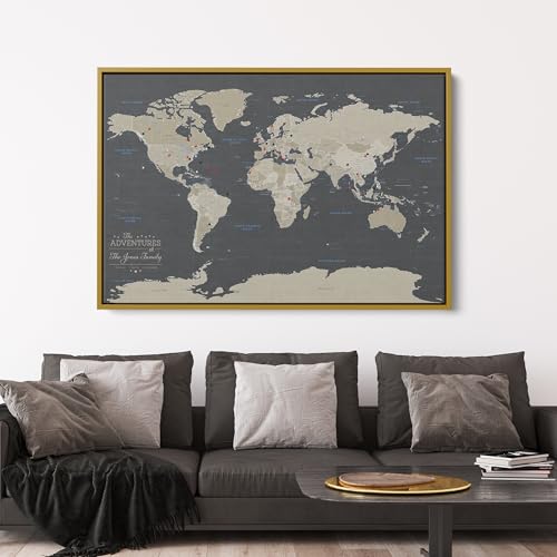 Image of Earth Tone World Map with Pins - Extra Large Personalized Canvas Push Pin Map - Framed World Travel Wall Decor - Gold Float Frame - 34 inch x 51 inch