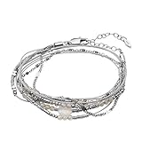 Dieses mehrreihige Armband aus silberfarbenem Edelstahl hat Beads aus grauem Achat und Hämatit und einen Karabinerverschluss.