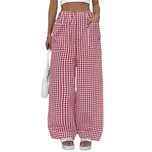 Women Plaid Print Pants Casual Elastic Waist Wide Leg Checkered Trousers Vintage Loose Bottoms Streetwear