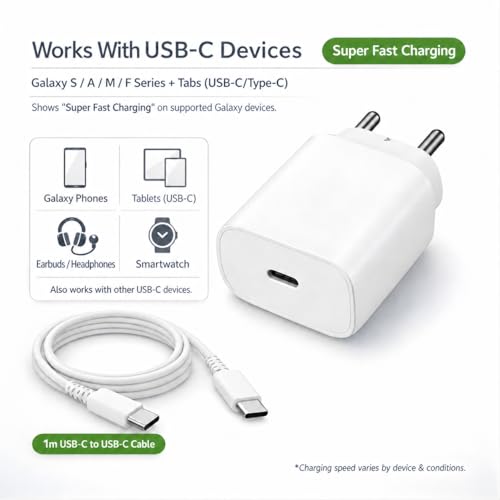 Image of 25W Charger for Samsung with Type C Cable | Super Fast Charging for Galaxy S26 /S25 Ultra, S24 FE, A56 /A36, M15 /M17 /M55 5G, F15 /F55 /Z Fold & S /A /M /F /Z Series - BIS Certified