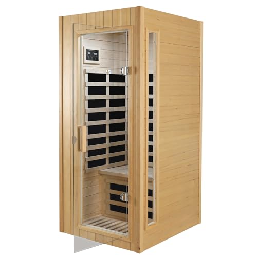 LTCCDSS Far Infrared Sauna Home Canadian Hemlock Wood Sauna 1 Person 1300W Low-EMF Indoor Saunas 120V with Bluetooth, LED Light, LCD Control Panel and Tempered Glass Door, Room: 33 * 38.3 * 73 inch