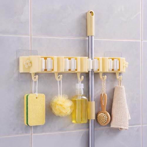 Image of HomeEssentials Mop & Broom Holder: Wall-Mounted Organizer with 4 Racks & 5 Hooks. Heavy-Duty Self-Adhesive Storage for Kitchen, Garage & Laundry. Space-Saving Utility Rack for Garden Tools (Beige)