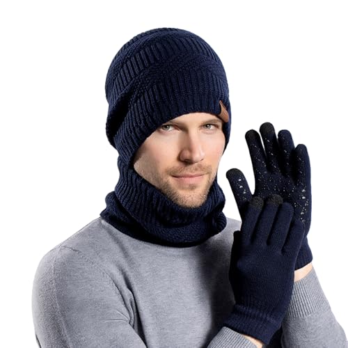 Mens Winter 3-Piece Set - Beanie Hat Scarf & Touchscreen Gloves - Warm Soft & Stylish Knit Winter Accessories (Dark Blue ONE SIZE)