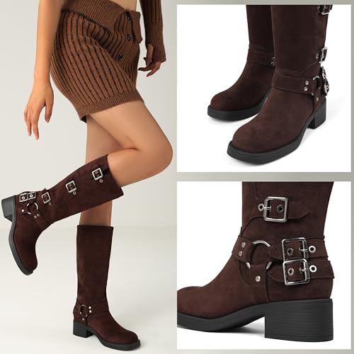 Image of AMINUGAL Knee High Boots Women Square Toe Pull On Wide Calf Riding Fashion Buckles Chunky Metallic Casual Vintage Buckle Rivet