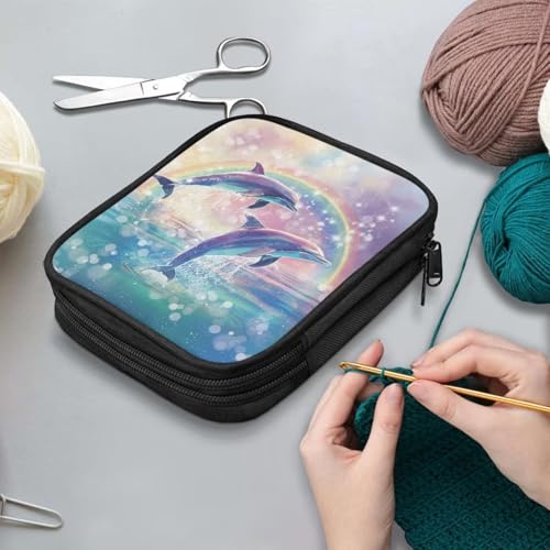 Image of Dolphin Crochet Hook Case Rainbow Knitting Needle Storage with Web Pockets for Holiday Hand Washable Parents Gifts Holiday
