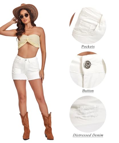 Image of VIPONES Women Mid Rise Jeans Shorts Frayed Raw Hem Summer Stretchy Casual Denim Shorts