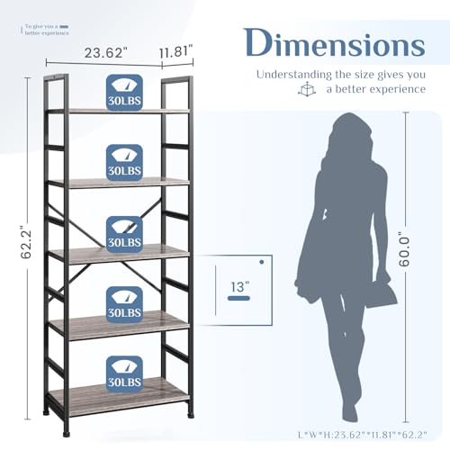 Image of DUMOS 5 Tiers Bookshelf, Classical Book Shelf, Tall Display Shelves in Living Room /Home /Office, Storage Organizer for CDs /Books /Movies, Wood Grey