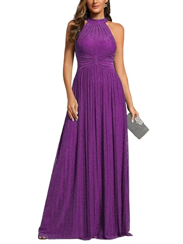 Image of Ever-Pretty Women's Glitter Halter Sleeveless Formal Dresses Evening Gowns Pleated A-line Wedding Guest Dress 41961