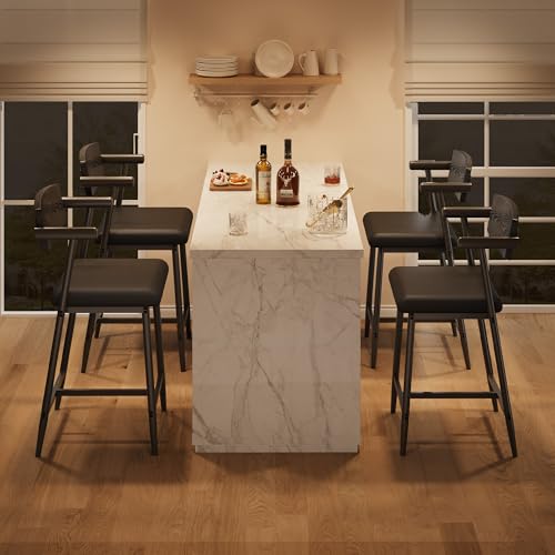 Image of GarveeHome Bar Stools Set of 6 with Arms, 26 inch Modern 6pcs Counter Height Metal Barstools Set with Wood Back & Footrest, Wider Seat, Sturdy Frame, for Counter Bar, Kitchen Island, Retro Black