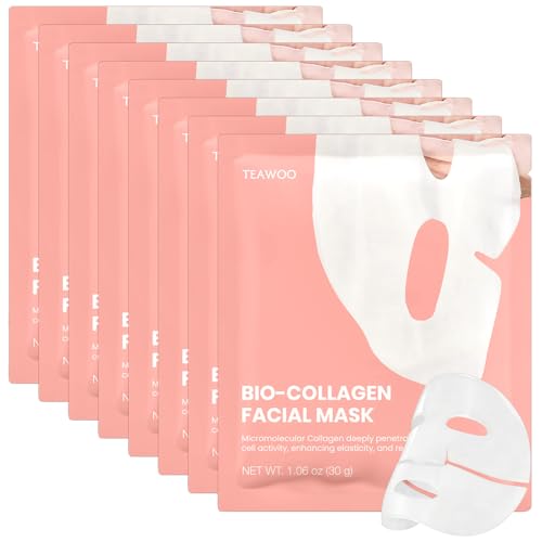 TEAWOO Bio-Collagen Facial Mask 8 EA, Hydrating & Soothing Hydrogel Face Mask, Overnight Collagen...
