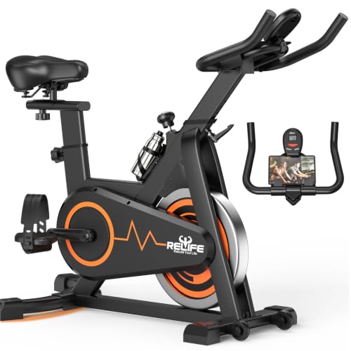 Image of RELIFE REBUILD YOUR LIFE Exercise Bike Stationary for Home Indoor,Cycling Bike with Silent Belt Drive for Home Cardio,Brake Pad Resistance with djustable & Comfort Seat /PAD Holder /LCD Monitor.
