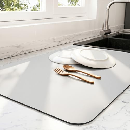 Ecotrim - Dish Drying Mat for Kitchen Counter | Coffee Bar Mat for Countertops | Heat Resistant Drainer Mat with Non-slip Rubber Backed | Hide Stain Kitchen Absorbent Draining Mat | Light Grey 16"x18"