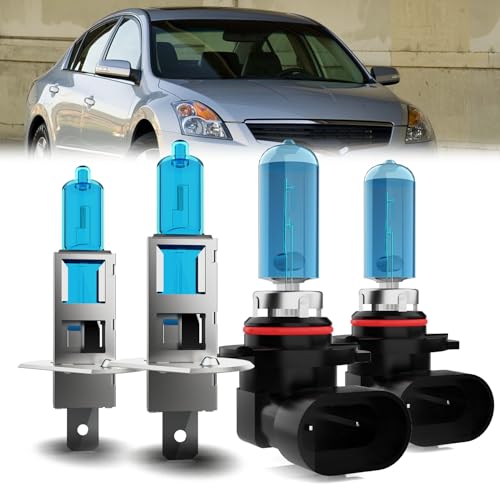 Image of Headlight Bulbs Compatible With Nissan Altima 2002-2006, 9005 /H10 /HB3 High Beam + H1 Low Beam Halogen Light Bulb Combo, Super Bright 6000K White, Plug and Play, Pack of 4