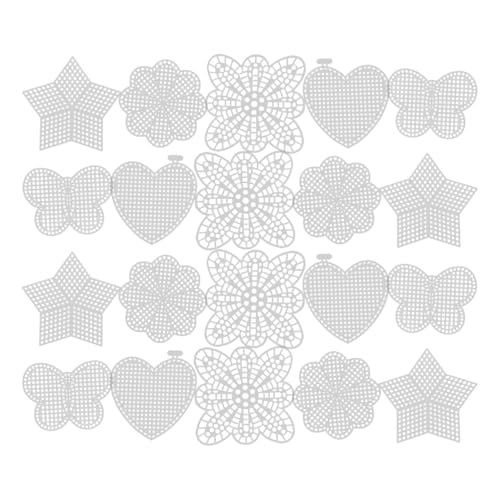 VILLCASE 25Pcs Plastic Canvas Mesh Sheets Kit Mixed Shapes (Butterfly Heart Star Flower) for Embroidery and Cross Stitch White Needlepoint Mesh Canvas for DIY Ornaments Keychains and Cup Mats