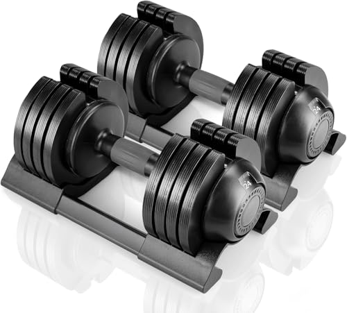 Mancuerna Ajustable 10kg 20kg 24kg, 5 Pesos ajustables, Entrenamientos de musculación indoor, Agarre ergonómico, Para gimnasio o hacer deporte en casa (24 kg x 2 - Negro)