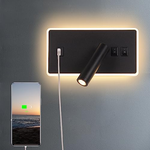 AIRTWESD Puerto de carga USB Luces LED de cabecera Bañador de pared Dormitorio Apliques de interior Lámpara de pared de cama Lámpara de lectura de pasillo con interruptor (3W + 9W 3000k)