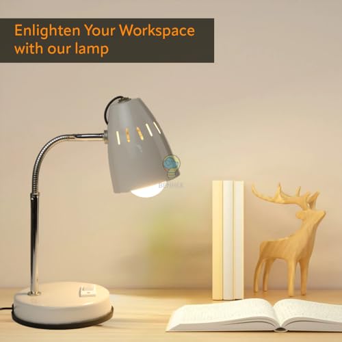 Image of BEHMEK Modern Metal Study Lamp | Adjustable Desk Light for Reading, Study & Office Work | Flexible Neck Table Lamp for Students and Home Office (White)