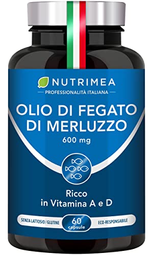 Olio di Fegato di Merluzzo 600 mg | 100% del fabbisogno di vitamine A e D | Immunità | Salute della pelle | Capitale osseo | Qualità premium | 60 capsule