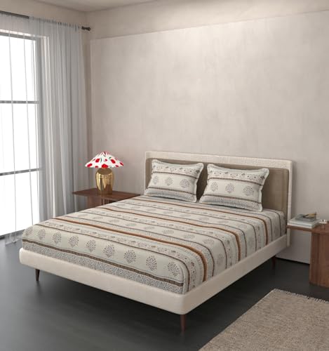 Image of VOMZER King Size (72x78) 300 TC Soft Cotton Feel Microfiber All Around Elastic Fitted Double Bedsheet with 2 Pillow Covers | White Jaipuri