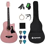 Joymusic 38 inch pink beginner acoustic guitar kit,bundle with a strap with picks holder,digital tuner, set strings, capo,cleaning cloth,6 picks,gig bag.(JG-38C,PK)