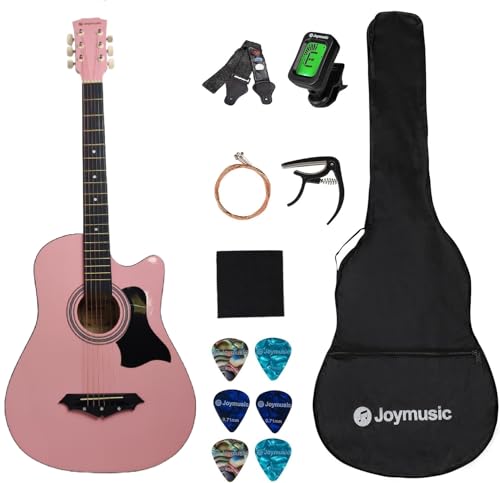 Joymusic - Kit de guitarra acústica para principiantes de 38 pulgadas, color rosa, paquete con correa...