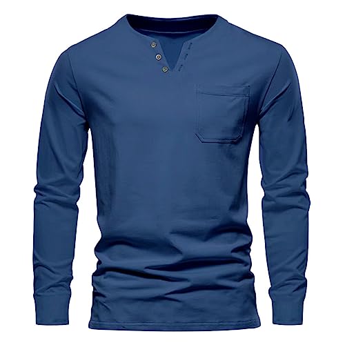 Camisas de forro polar para hombre, de verano, casual, de manga larga, cuello en V, color liso, camiseta de manga larga para hombre, azul, XL