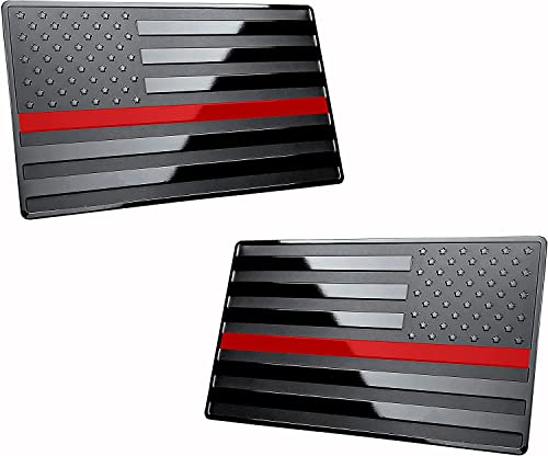 Muzzys (Set Of Two) 3"X5" Black Thin Red Line Embossed Left & Right American Flag Decal Emblem Sticker Badge Honor Firefighters United States Stick On Car Truck Window Glass Made In Usa #TOP19