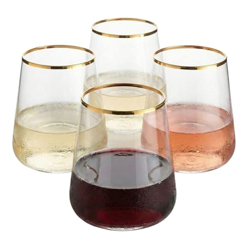 RAKLE Avantgarde Stemless Wine Glasses Set of 4, 14.3oz Gold Rimmed Drinking Tumblers for Red White Rose Wine and Cocktails, Lead-Free Durable Dishwasher Safe Glassware, Elegant Gold Accented Design