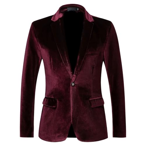 Blazer Homme en Velours, Revers cranté, Veste de Costume en Velours, Smoking pour dîner, Rouge Bordeaux, Grande Taille