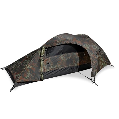 Mil-Tec Einmannzelt Recom (150x250cm) • Tunnelzelt für 1 Person • Ultraleicht, kompakt, Wind- & sturmsicher • Zelt für Trekking, Camping, Outdoor, Wandern • 1-Personen-Zelt • Farbe: Flecktarn