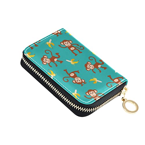OTVEE Cartoon Monkey Banana Credit Card Wallet, Microfiber Leather Zipper RFID Card Case Holder for Men Women