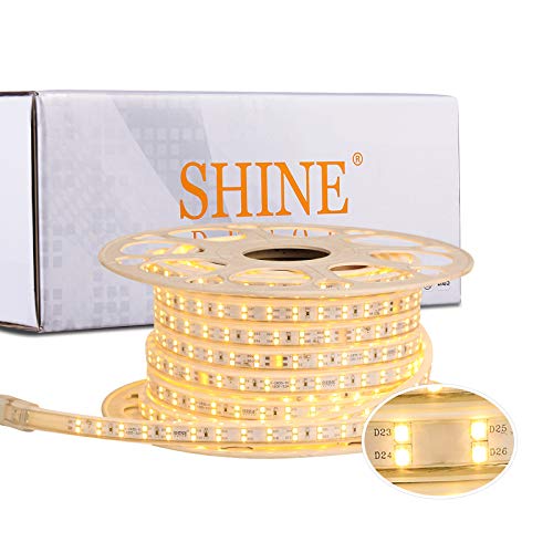 Shine Decor LED Strip Lights 50FT Dimmable Brightness, Double Row Cold-resistant Minus 13F 110V 120V AC Rope Light Outdoor IP65 Waterproof, 3000K Warm White Cuttable LED String for Lighting Decoration