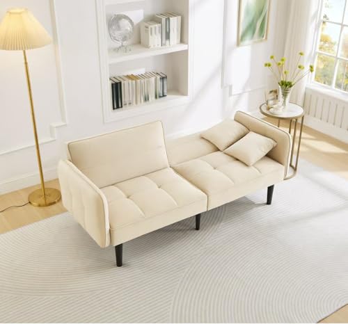 KecDuey Sofá cama acolchado, 2 en 1 ajustable, dos plazas con funda de terciopelo, reposabrazos plegables y función de sueño, ideal para espacios pequeños (beige) - imagen 2