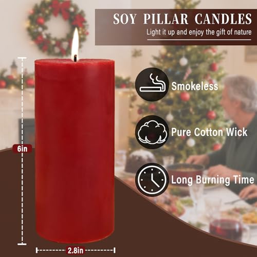 2.8x6インチ ソイピラーキャンドル 270時間燃焼天然ソイワックスキャンドル 無煙レッドピラーキャンドル 垂れないハンドメイドピラーキャンドル ウェディングテーブルホーム用 3パック
