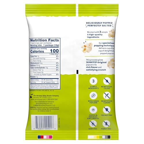 Image of SkinnyPop Popcorn, Original, Whole Grain, Dairy-Free Snack, 0.65oz Bags (6ct)