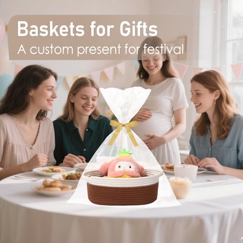 Image of JMvicyroam Small Woven Basket, Empty Gift Basket, White&Brown /2 Pack | Small Gift Basket, Cotton Rope, 12 x 8 x 58 in, Handles, Includes Ribbon and Bag, Birthday Gift Basket