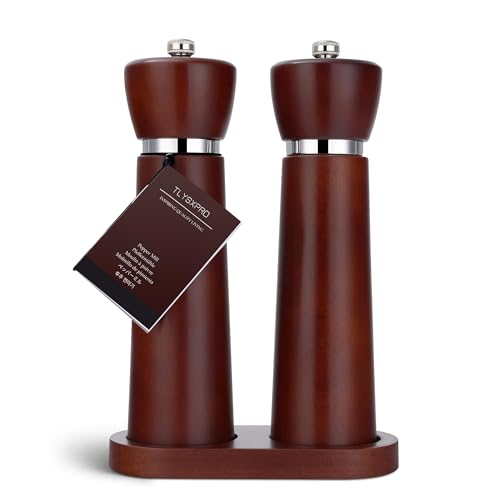 TLYSXPRO Wooden Salt and Pepper Grinder Set Refillable Salt and Pepper Mill with Adjustable Upgraded Large Size Ceramic Burr Manual Pepper Grinder with Beech Wood Body 8.3 Tall (Chestnut)