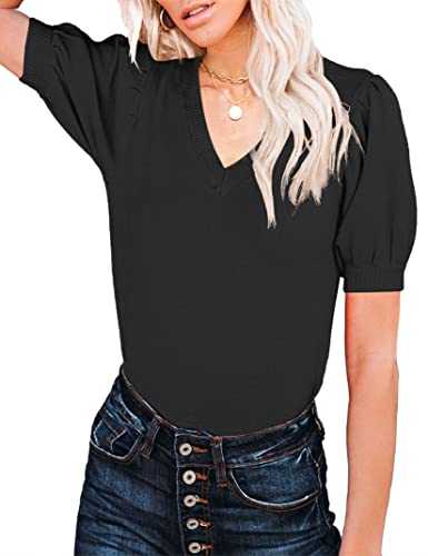 Image of Womens Puff Short Sleeve Sweater Tops Crewneck Basic Knit Pullover Lightweight Solid Casual Sweaters